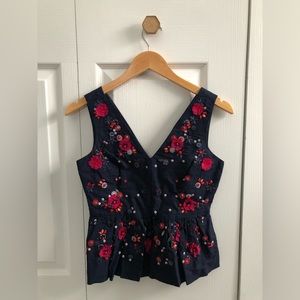 J. Crew Hand-Embellished Peplum Top in Navy Cotton Linen